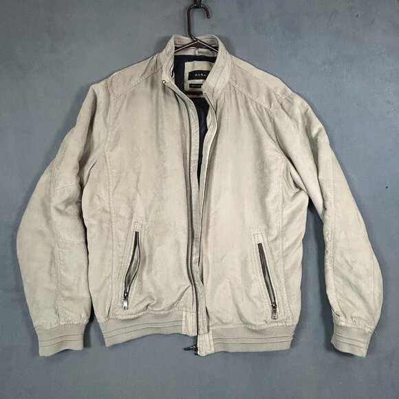 Zara Man Jacket Mens Size XL Beige Bomber Jacket Zipper Pocket Mesh Interior - Picture 1 of 10